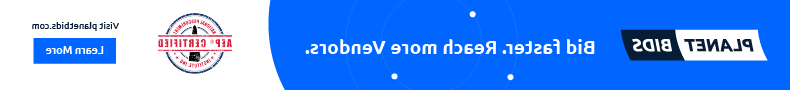 PlanetBids banner with text: "Bid faster. Reach more Vendors." Includes AEP Certified logo and "Visit planetbids.com." Blue background with Learn More button.